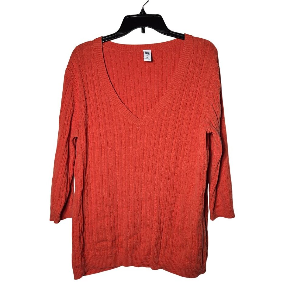 Gap Women Orange Cable Knit Sweater XXL Fall Winter Casual Vneck Comfy Fisherman